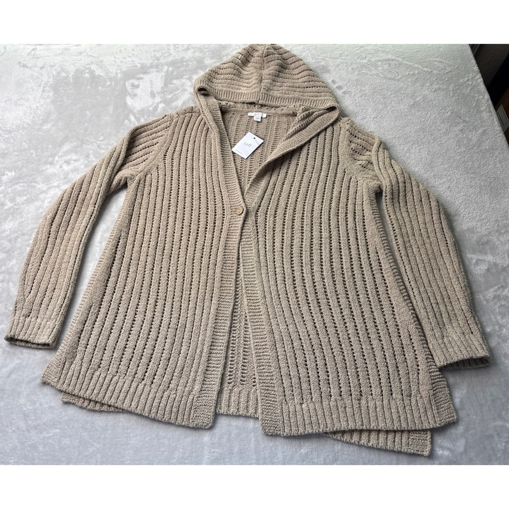 J. Jill Women's Open Weave Crochet Hooded Cardigan Size Small Cotton Knit NWT